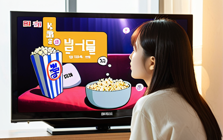 **
Prompt: "Vibrant K-drama scene on a modern TV screen, glowing with warm light. A person sits on a comfortable couch, holding a bowl of popcorn, engrossed in the show. Korean text subtitles appear on the screen. Focus on relaxed immersion, showcasing Korean entertainment."
**