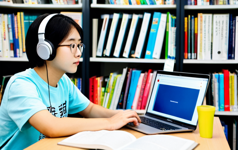 Listening Section Strategy**
"A student wearing headphones, focused intently on a laptop displaying a Korean language learning website, fully clothed in a casual t-shirt, sitting at a desk in a bright, modern library, surrounded by textbooks. The scene emphasizes concentration and active listening. Safe for work, appropriate content, modest, family-friendly, perfect anatomy, correct proportions, natural pose, professional quality."
**