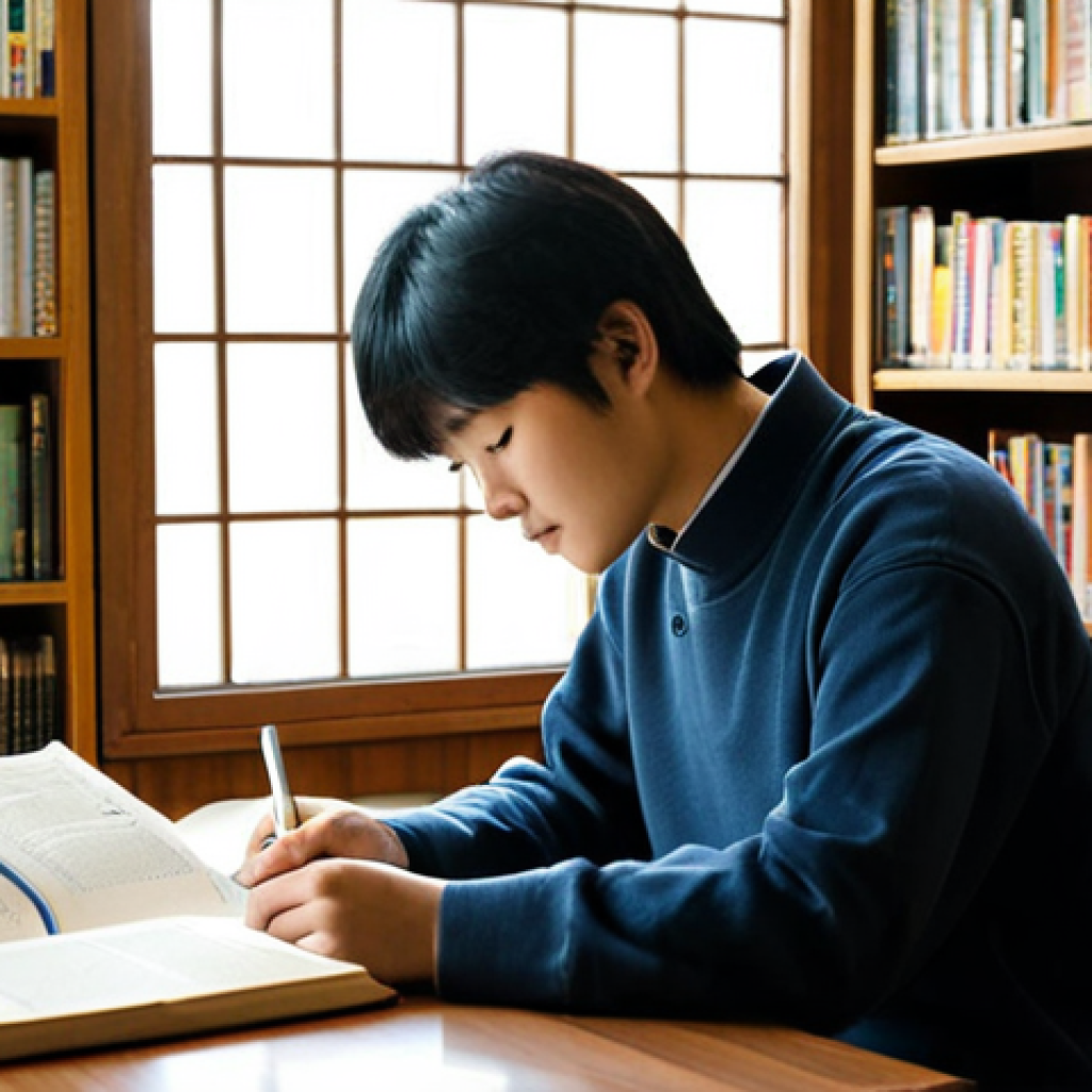 TOPIK 자격증으로 장학금 받는 방법 - Studying Korean in a Cozy Library**

"A diligent student, fully clothed in comfortable, modest attir...