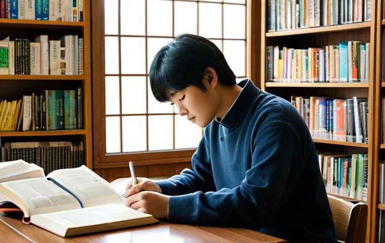 TOPIK 자격증으로 장학금 받는 방법 - Studying Korean in a Cozy Library**

"A diligent student, fully clothed in comfortable, modest attir...