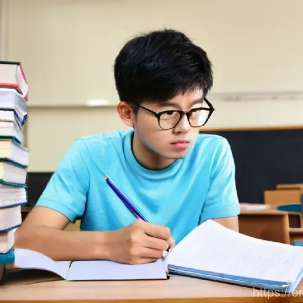 TOPIK 시험 이론과 실무의 차이 - **Prompt:** A young adult, male or female, sits at a desk cluttered with numerous neatly organized K...