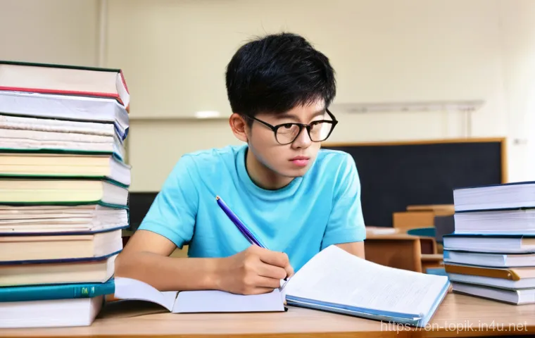 TOPIK 시험 이론과 실무의 차이 - **Prompt:** A young adult, male or female, sits at a desk cluttered with numerous neatly organized K...