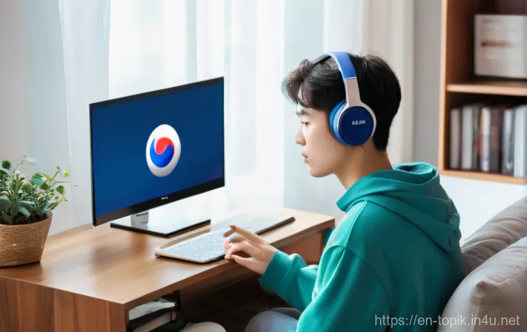 TOPIK 시험 이론과 실무의 차이 - **Prompt:** A young adult, male or female, sits at a desk cluttered with numerous neatly organized K...