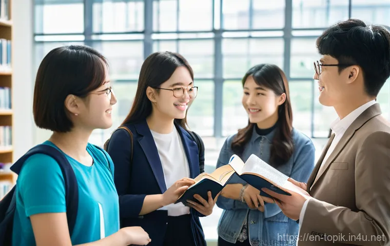 TOPIK 점수별 활용 가능성 - **Prompt:** A diverse group of university students, including one confident international student, a...