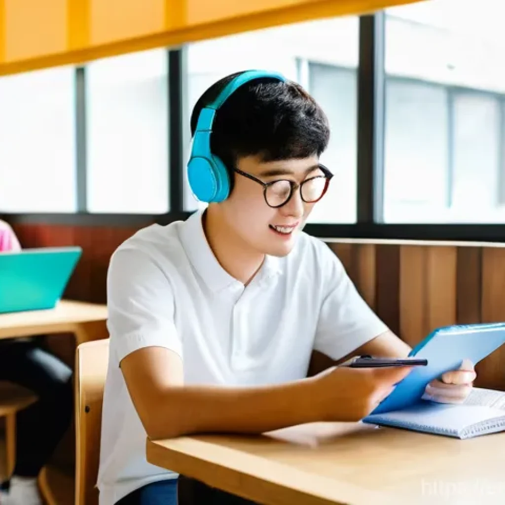 TOPIK 문제풀이 노트 작성법 - **Prompt:** A diverse group of young adults, aged 18-25, are immersed in a vibrant Korean language s...