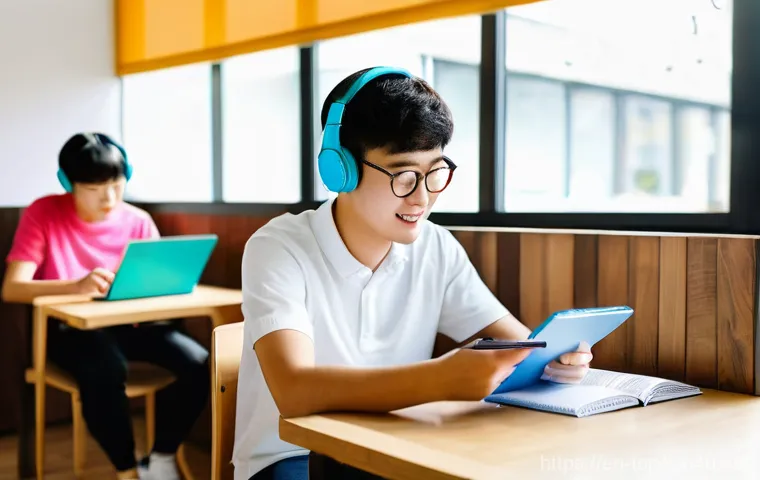 TOPIK 문제풀이 노트 작성법 - **Prompt:** A diverse group of young adults, aged 18-25, are immersed in a vibrant Korean language s...