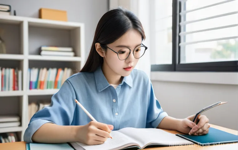 TOPIK 문제풀이 노트 작성법 - **Prompt:** A diverse group of young adults, aged 18-25, are immersed in a vibrant Korean language s...