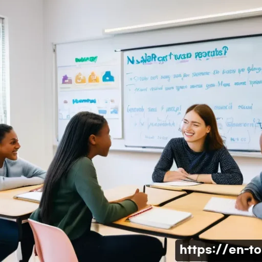 TOPIK 필수 어휘 목록 - A modern classroom scene showing diverse students actively engaging in a language learning session, ...