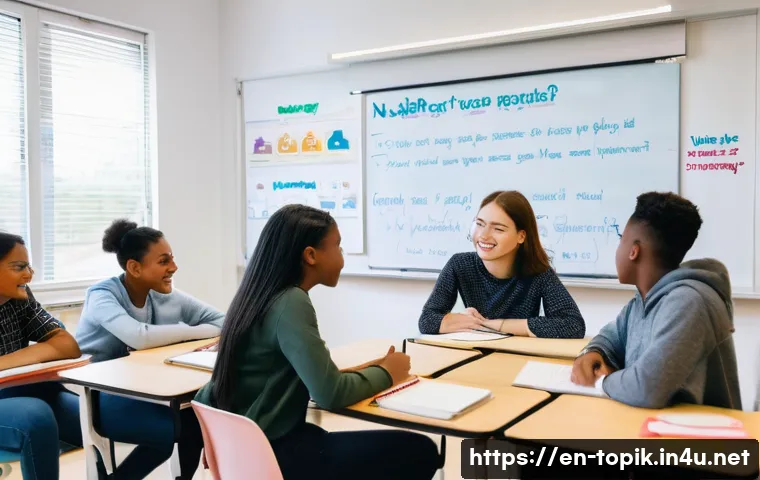 TOPIK 필수 어휘 목록 - A modern classroom scene showing diverse students actively engaging in a language learning session, ...