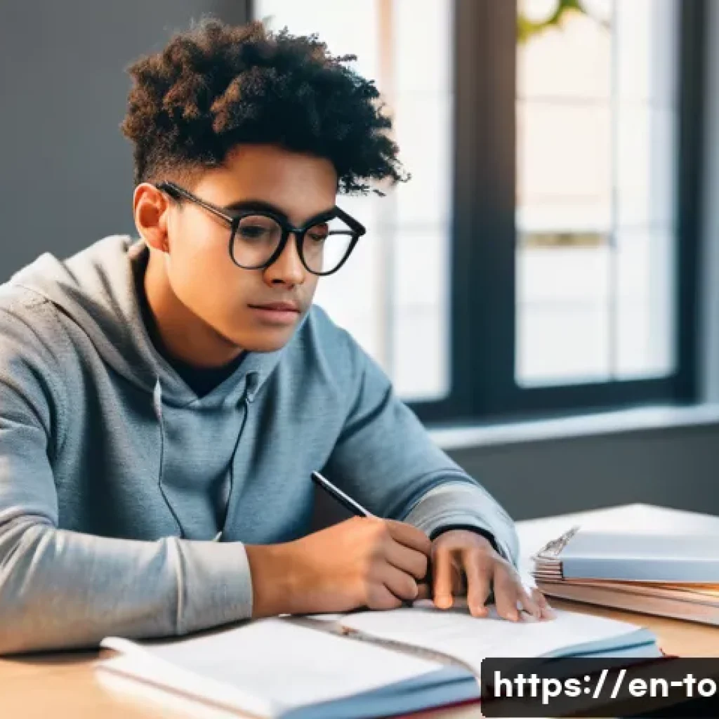 TOPIK 시험 대비 실전 모의고사 - A focused young adult sitting at a modern study desk in a cozy, well-lit room, surrounded by exam pr...