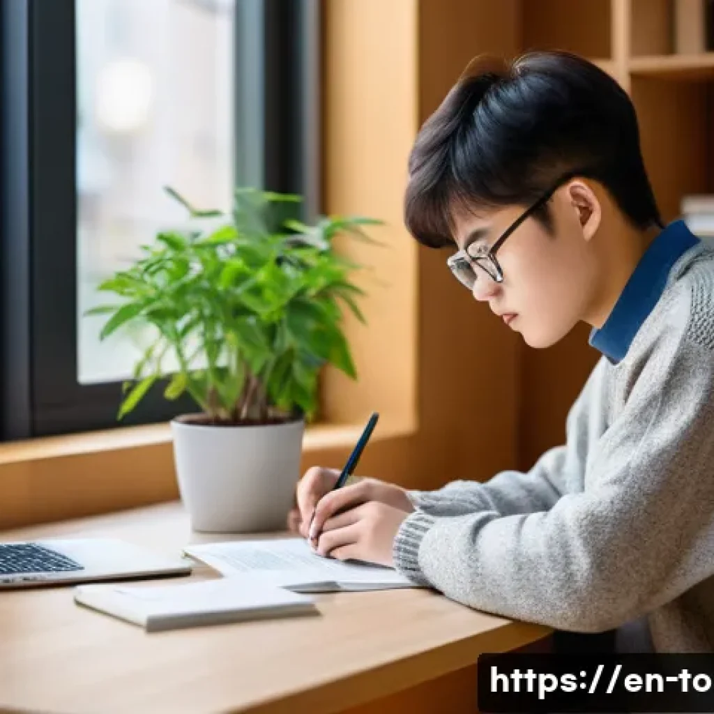 TOPIK 시험 관련 Q A - A modern study room scene featuring a focused young adult studying for the TOPIK exam: a neat desk w...