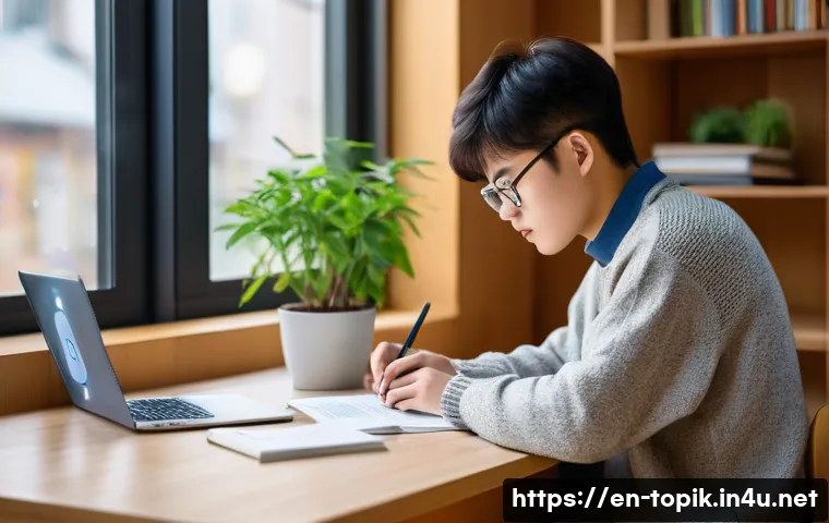 TOPIK 시험 관련 Q A - A modern study room scene featuring a focused young adult studying for the TOPIK exam: a neat desk w...