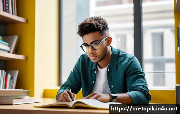 TOPIK 읽기 문제 풀이법 - A focused young adult sitting at a modern study desk in a bright, minimalist room, surrounded by ope...