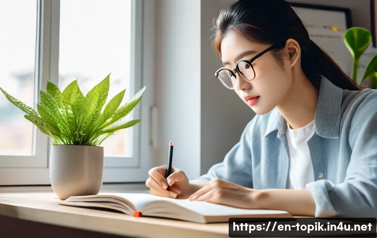 TOPIK 시험 공부 자료 추천 - A focused young adult studying Korean language at a cozy, modern home desk with textbooks, notebooks...