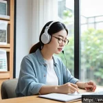 TOPIK 듣기 문제 정답률 높이는 법 - A cozy modern study room bathed in warm natural light from a large window, featuring a young adult w...