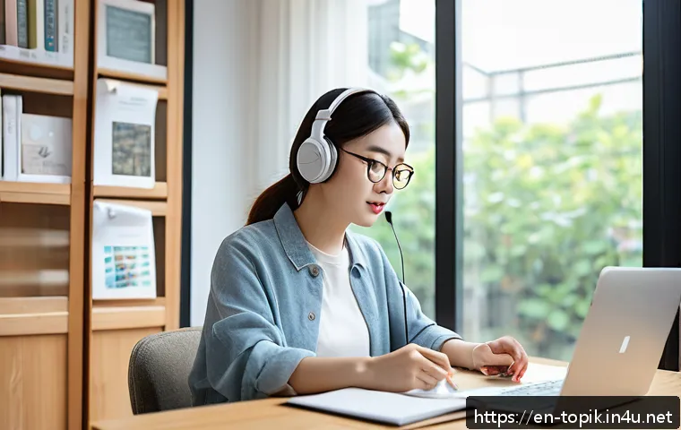 TOPIK 듣기 문제 정답률 높이는 법 - A cozy modern study room bathed in warm natural light from a large window, featuring a young adult w...