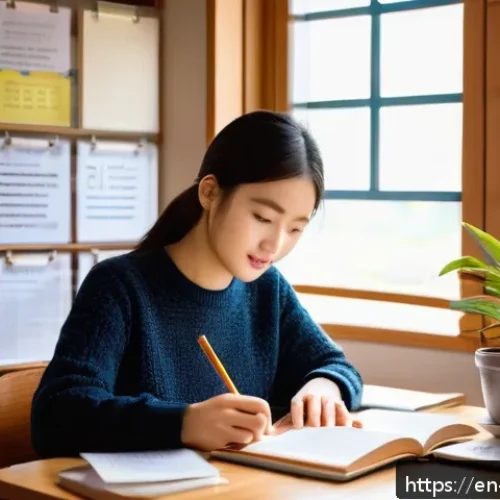 TOPIK 고급 준비 방법 - A cozy study room scene featuring a young adult sitting at a wooden desk cluttered with Korean langu...
