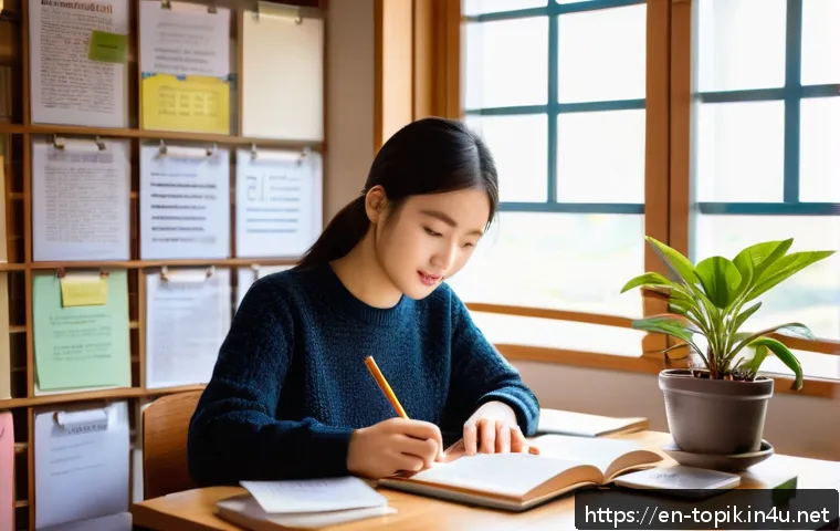 TOPIK 고급 준비 방법 - A cozy study room scene featuring a young adult sitting at a wooden desk cluttered with Korean langu...