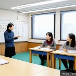 한국어능력시험 대비 학원 선택법 - A modern classroom scene inside a Korean language institute featuring a diverse group of adult stude...