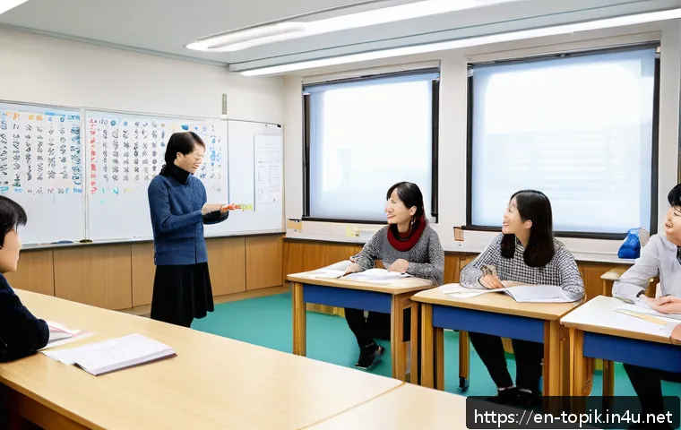 한국어능력시험 대비 학원 선택법 - A modern classroom scene inside a Korean language institute featuring a diverse group of adult stude...