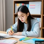 TOPIK 필기 시험 체크리스트 - A focused adult student sitting at a modern study desk in a cozy, well-lit room, surrounded by Korea...