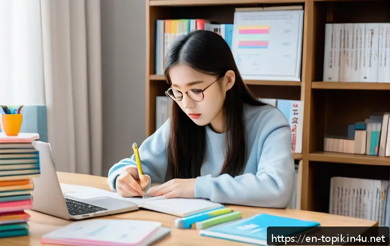 TOPIK 필기 시험 체크리스트 - A focused adult student sitting at a modern study desk in a cozy, well-lit room, surrounded by Korea...