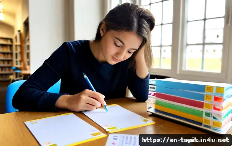 TOPIK 필기시험 고득점 비법 - Photorealistic high-achieving language exam study scene, focused adult student at a clean wooden des...