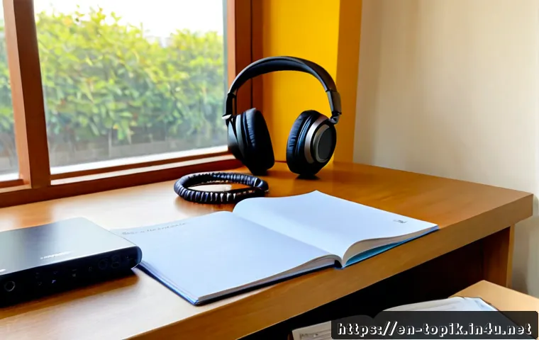 TOPIK 듣기시험 추천 교재 - Photorealistic study desk scene for a Korean language listening exam preparation guide, a focused ad...