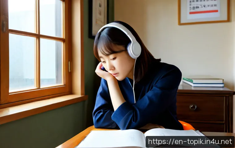 한국어능력시험 고급 단계 진입법 - Photorealistic study scene of an adult English-speaking learner advancing to high-level Korean langu...